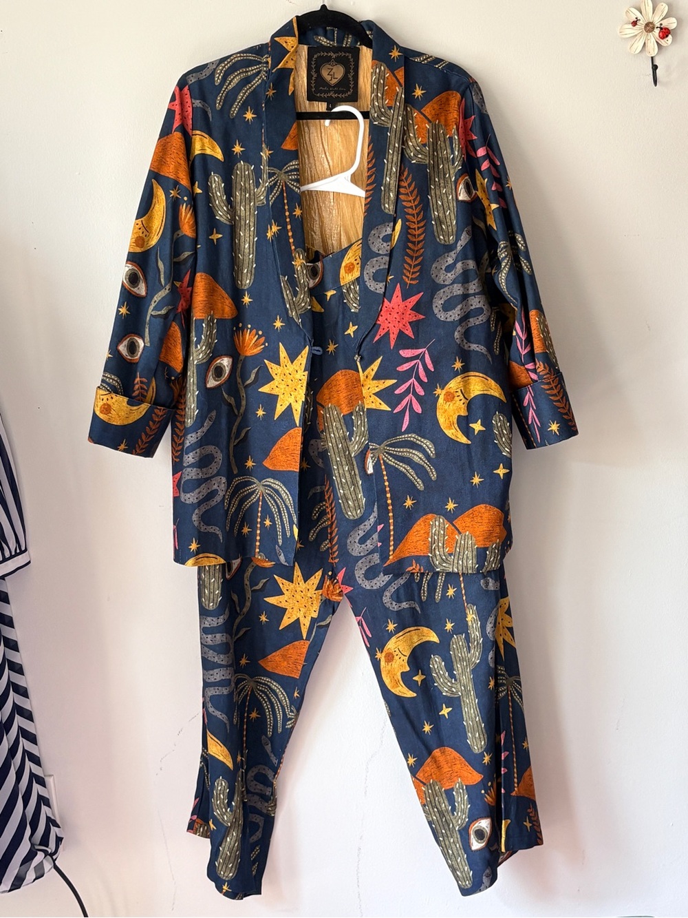 E&L Evil Eye Printed Two-Piece Set in Navy & Gold Size L